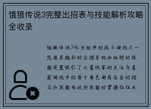 饿狼传说3完整出招表与技能解析攻略全收录