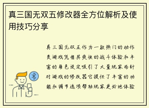 真三国无双五修改器全方位解析及使用技巧分享